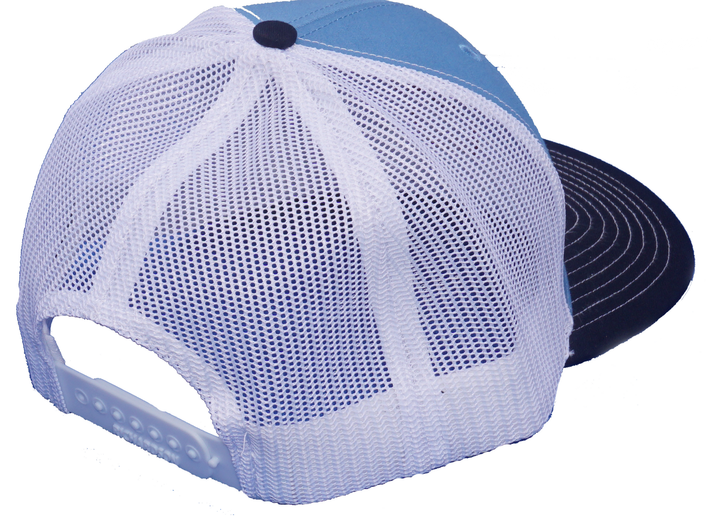Dead Fish Hook light blue and navy with center front red skull truckers hat back view