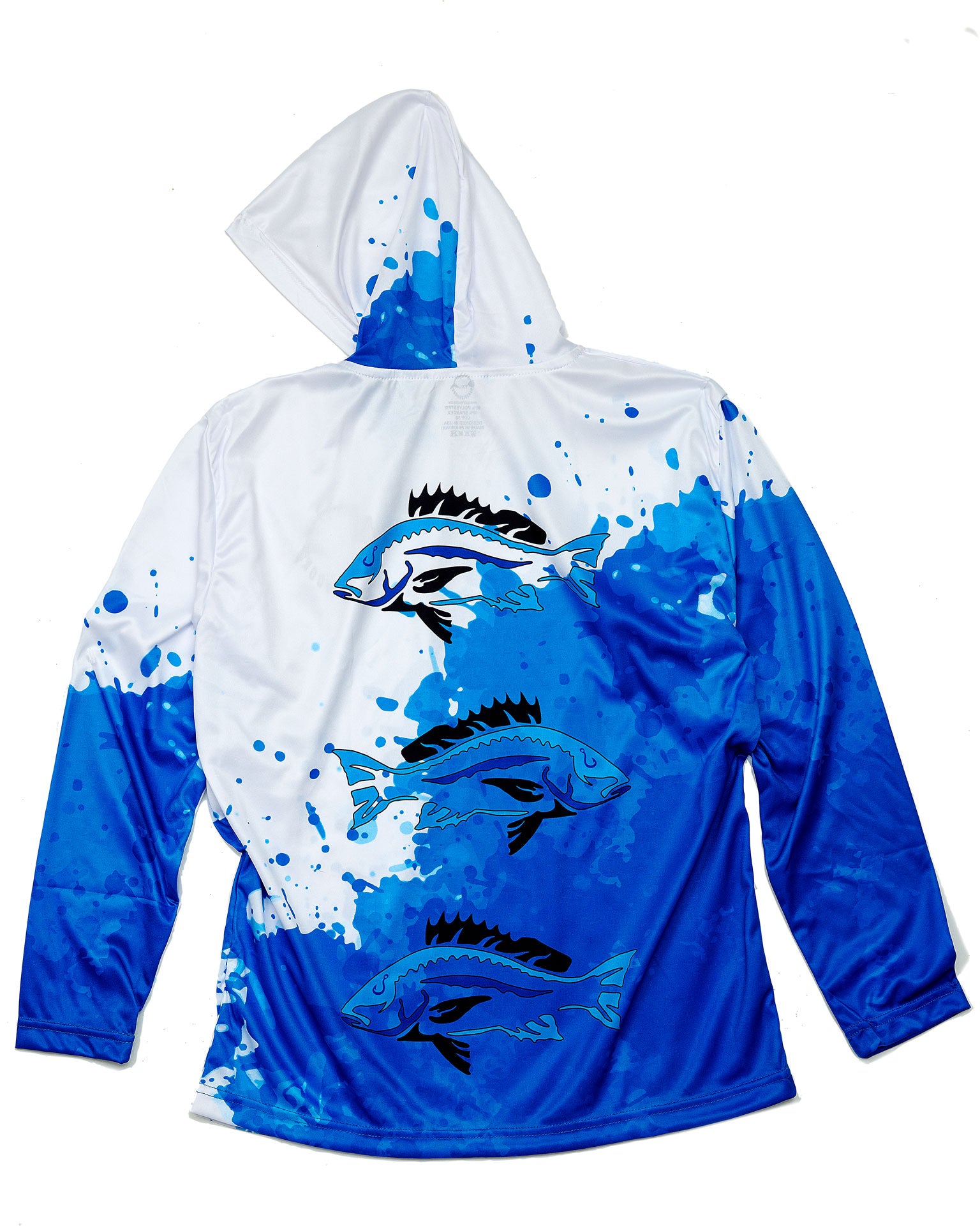 Dead Fish Hook Blue and white print with fish down center back long sleeve hoodie - back view