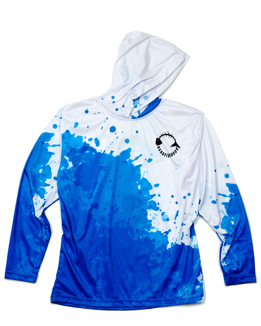 Dead Fish Hook Blue and white print with fish bone logo long sleeve hoodie - front view