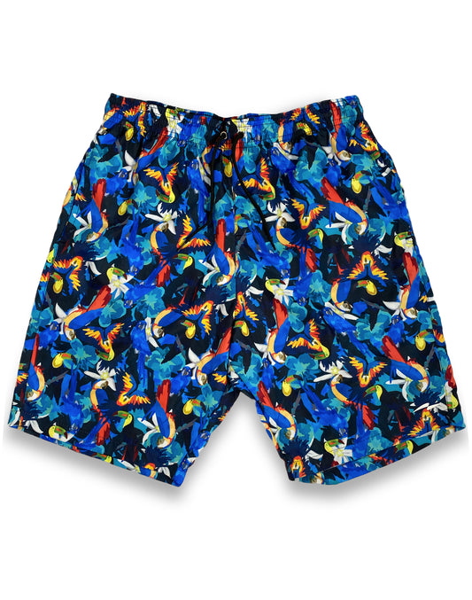 Dead Fish Hook Macaw and flower print swim trunks front view