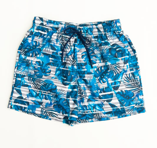 Dead Fish Hook blue palm tree leaves print with elastic waist band and navy pull string