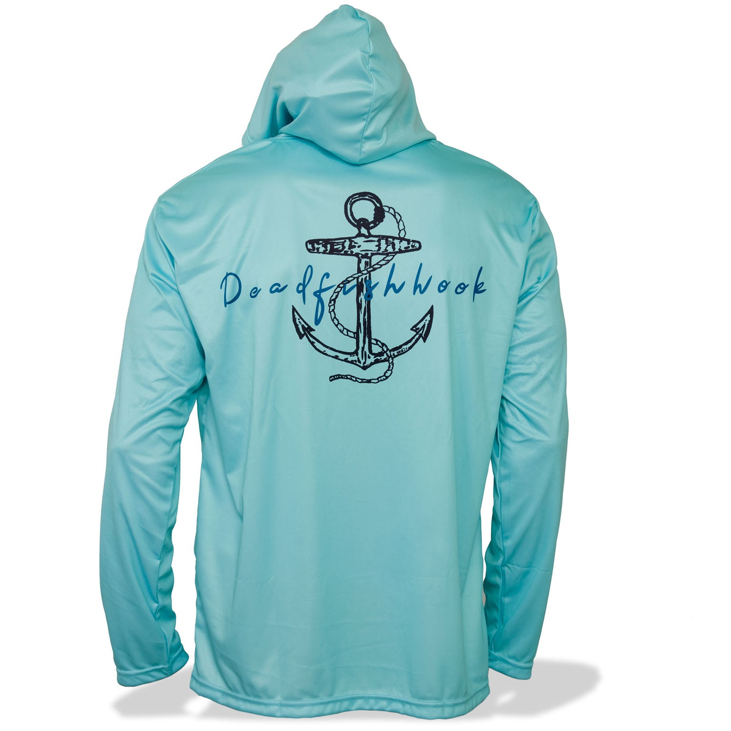 Dead Fish Hook long sleeve hoodie performance fishing shirt for men in turquoise with front pockets - back view
