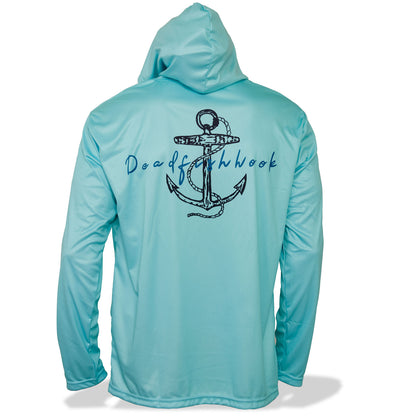 Dead Fish Hook long sleeve hoodie performance fishing shirt for men in turquoise with front pockets - back view