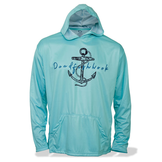 Dead Fish Hook long sleeve hoodie performance fishing shirt for men in turquoise with front pockets - front view