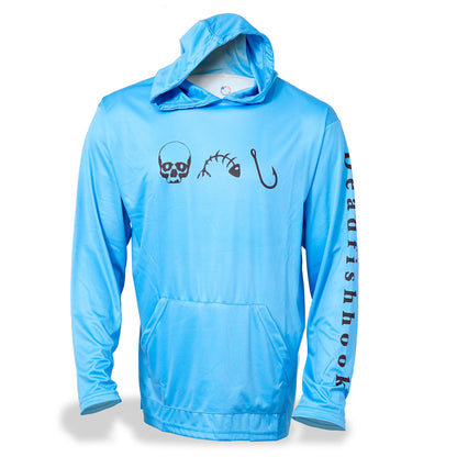 Dead Fish Hook long sleeve performance fishing shirt in blue with skull and skull bones pint - front pockets - front view