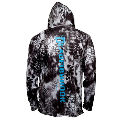 Dead Fish Hook dragon scale print long sleeve hoodie with vertical logo down center back 