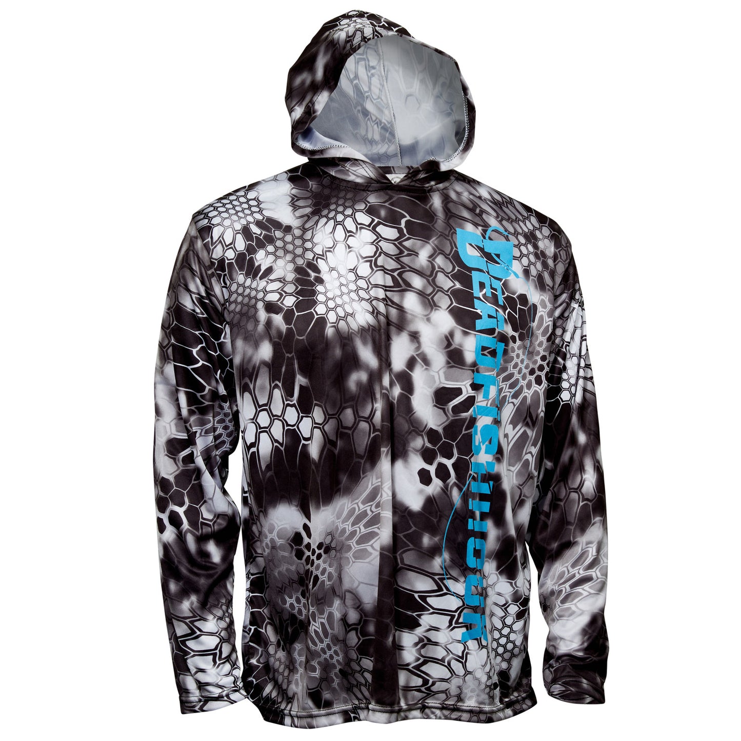 Dead Fish Hook dragon scale print long sleeve hoodie with vertical logo down front