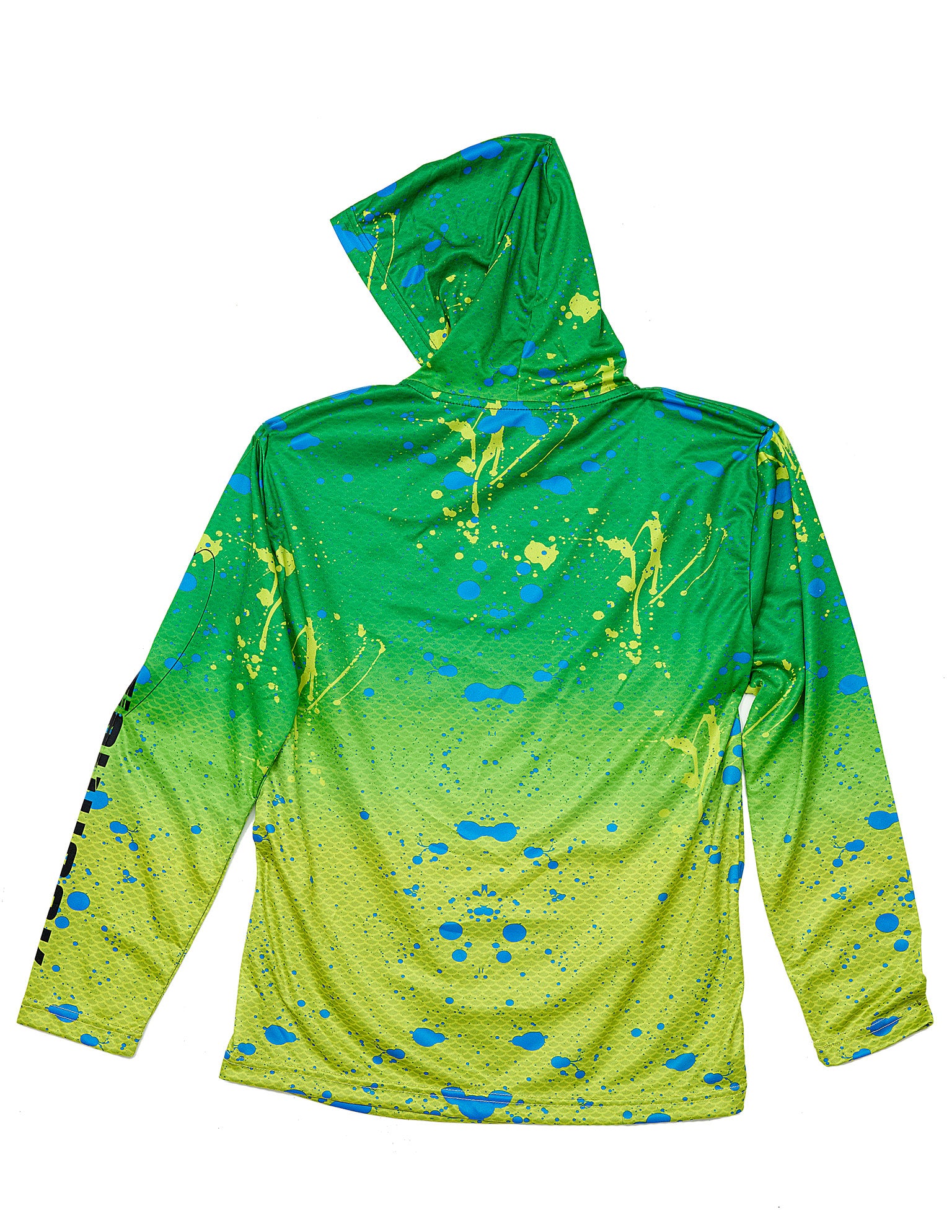 Dead Fish Hook green and yellow youth long sleeve hoodie with blue paint splatters and logo down left arm - back view