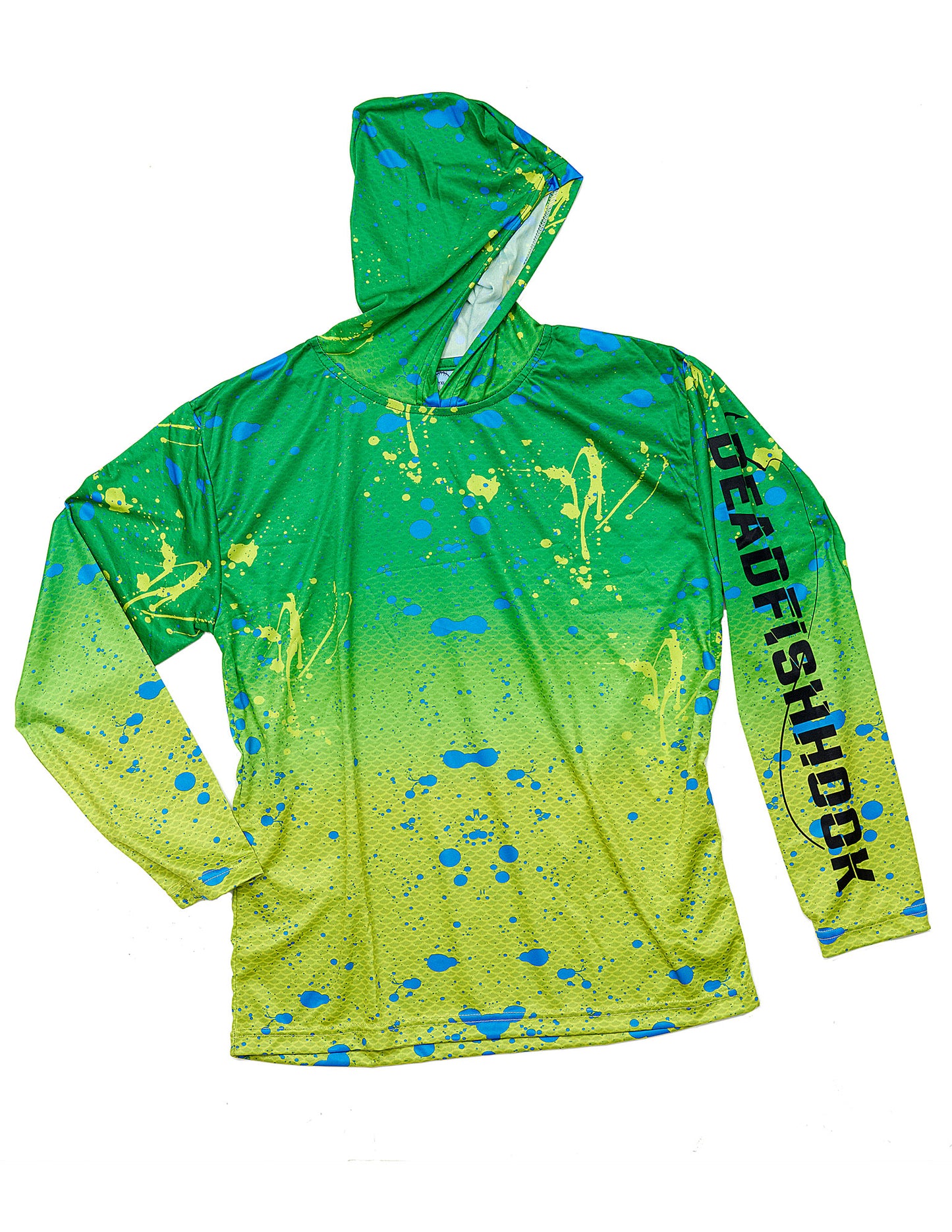 Dead Fish Hook green and yellow youth long sleeve hoodie with blue paint splatters and logo down left arm - front view