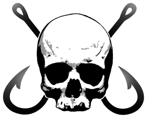 Dead Fish Hook skull and hook logo in black and white