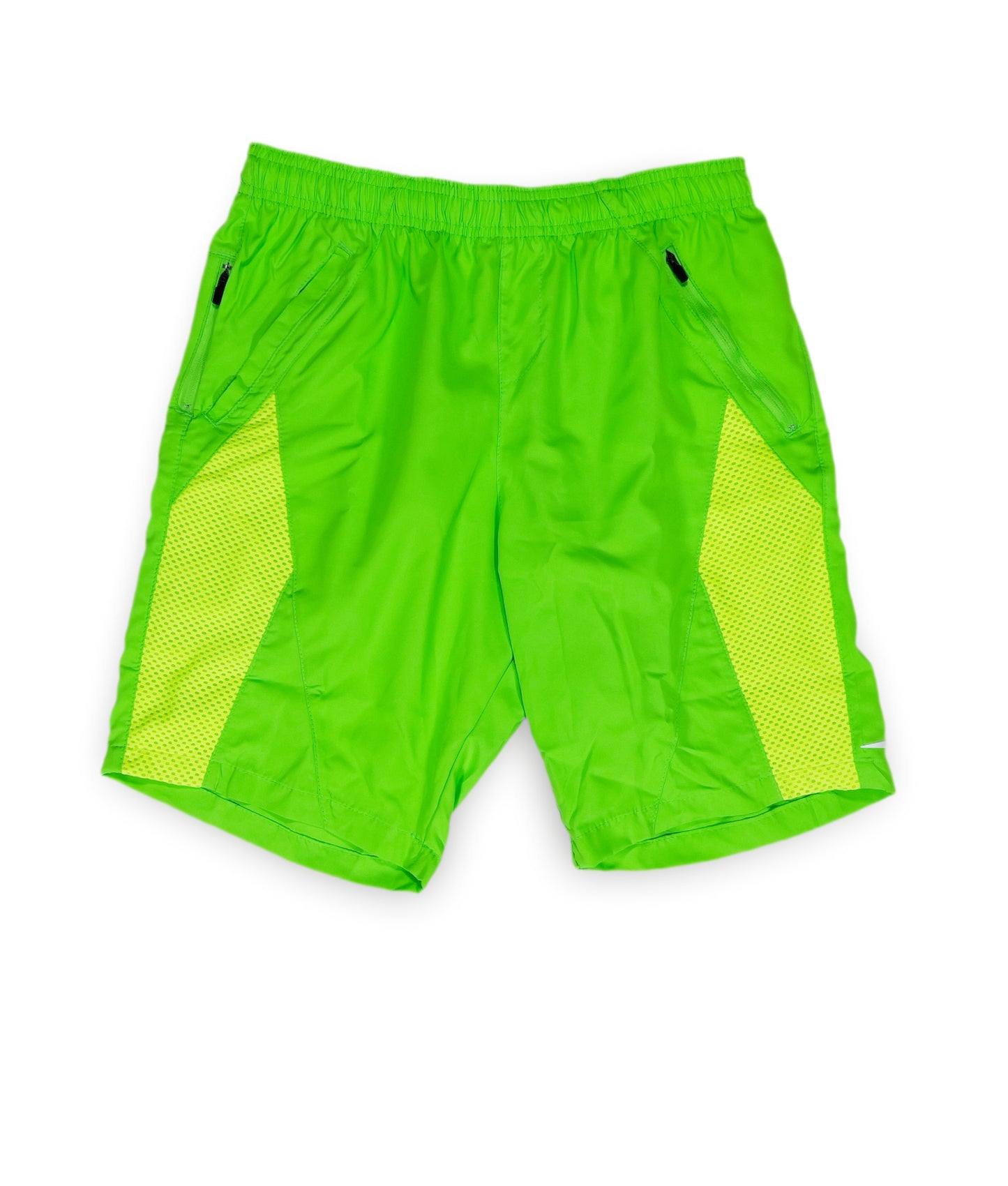 Dead Fish Hook neon green swim trunks with elastic waistband and side pockets - front view