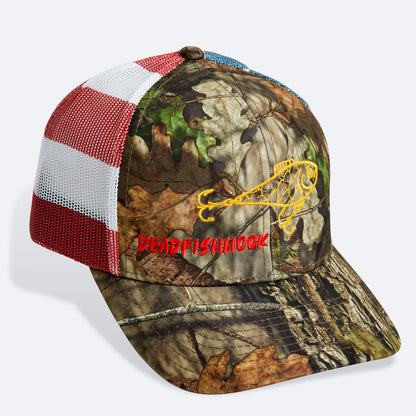 Dead Fish Hook American flag camouflage trucker hat with patriotic skull lure front 