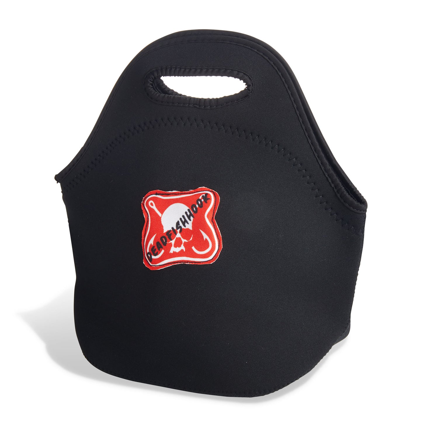 Dead Fish Hook Black Neoprene Tote with red brand patch in the center 