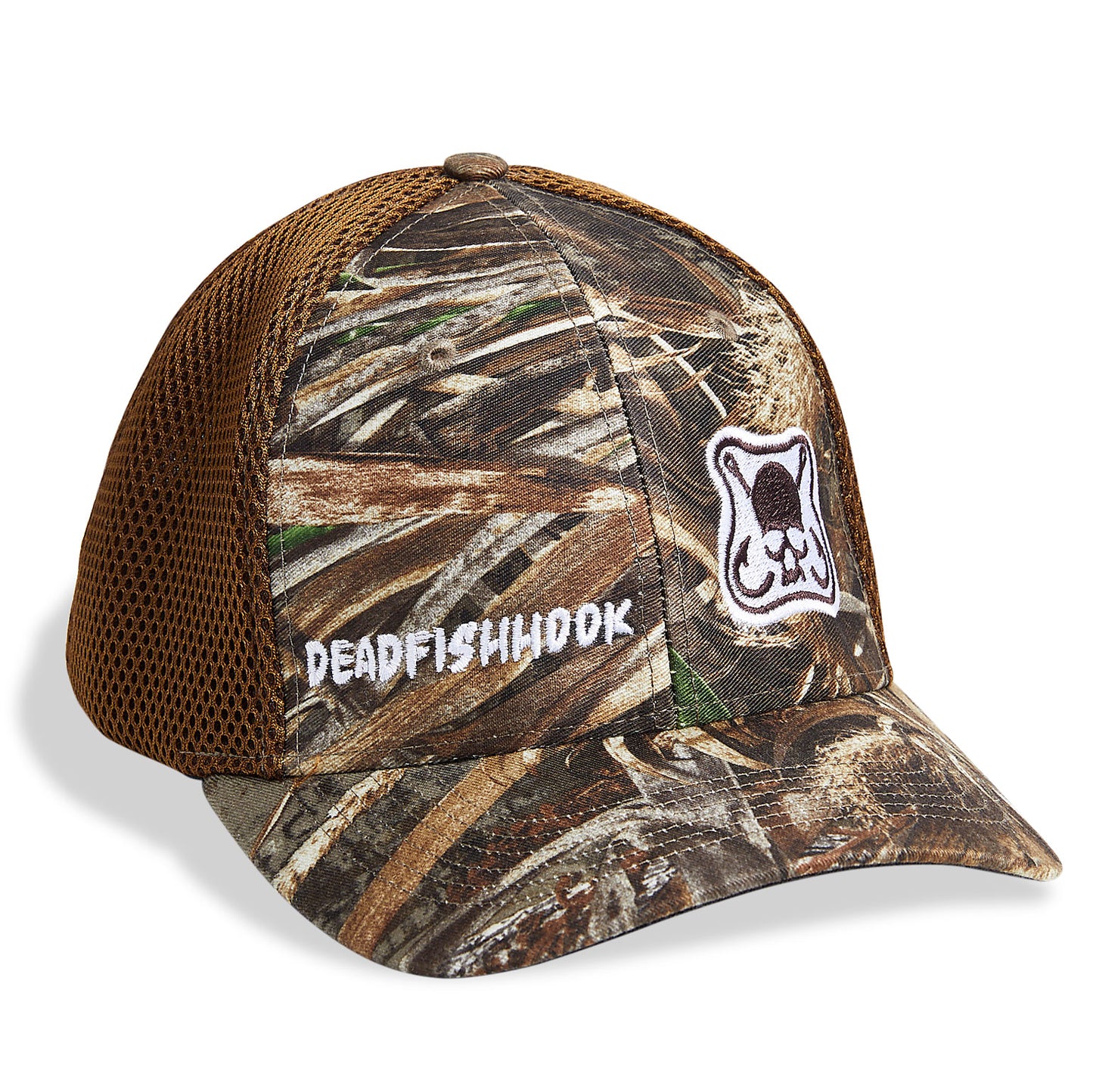 Dead Fish Hook Camo brand patch camouflage trucker hat front 