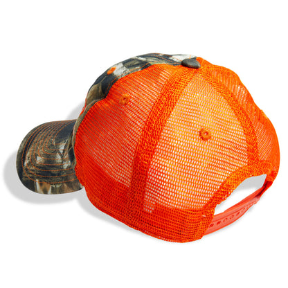 Dead Fish Hook Orange Camo Truckers hat logo patch back