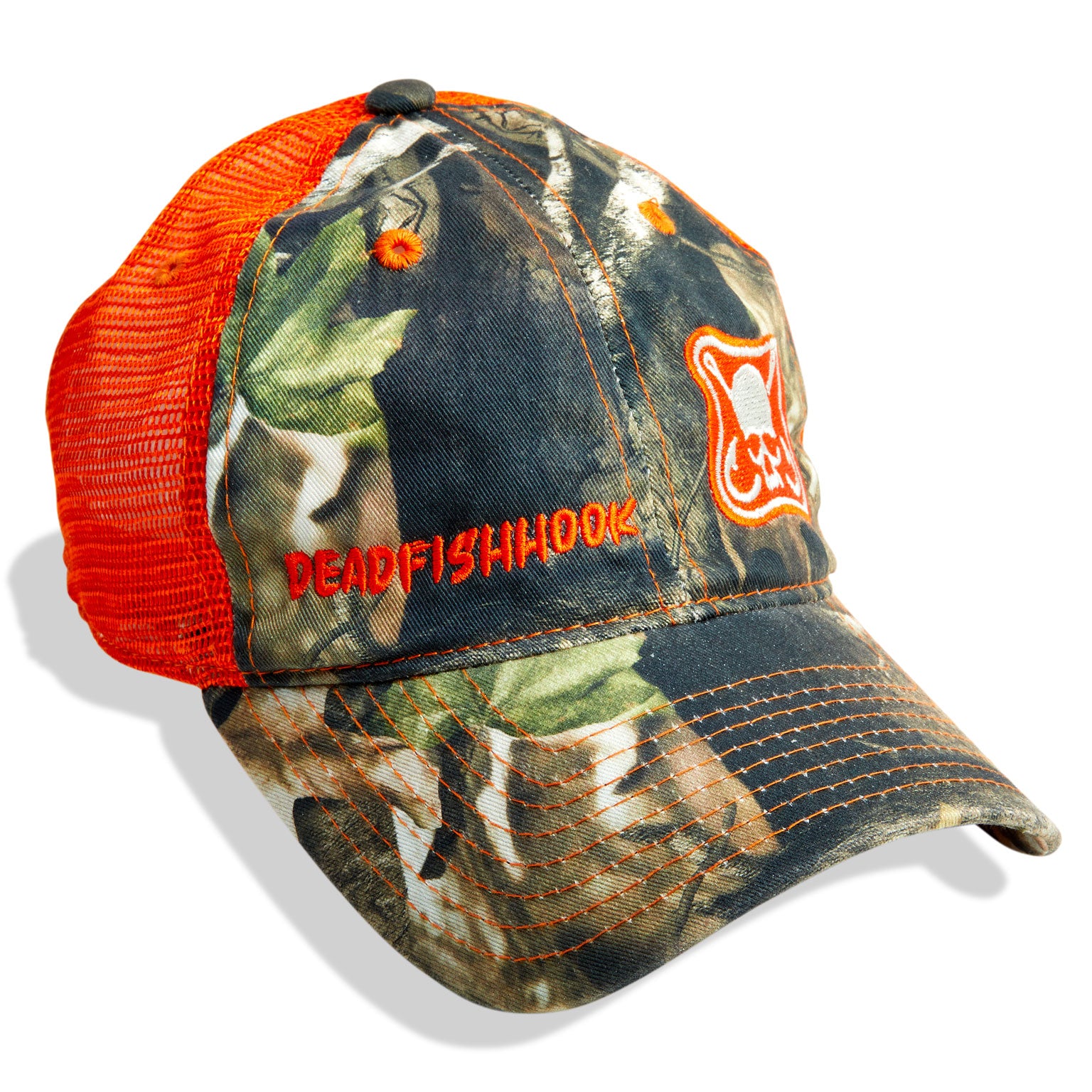 Dead Fish Hook Orange Camo Truckers hat logo patch front view