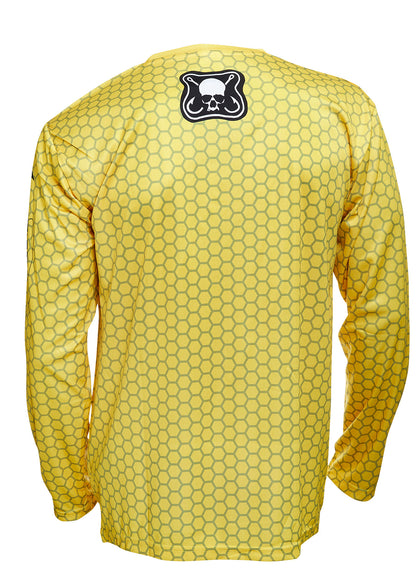 Dead Fish Hook Yellow Fish Scale Patch Logo Long Sleeve performance fishing shirt black view 
