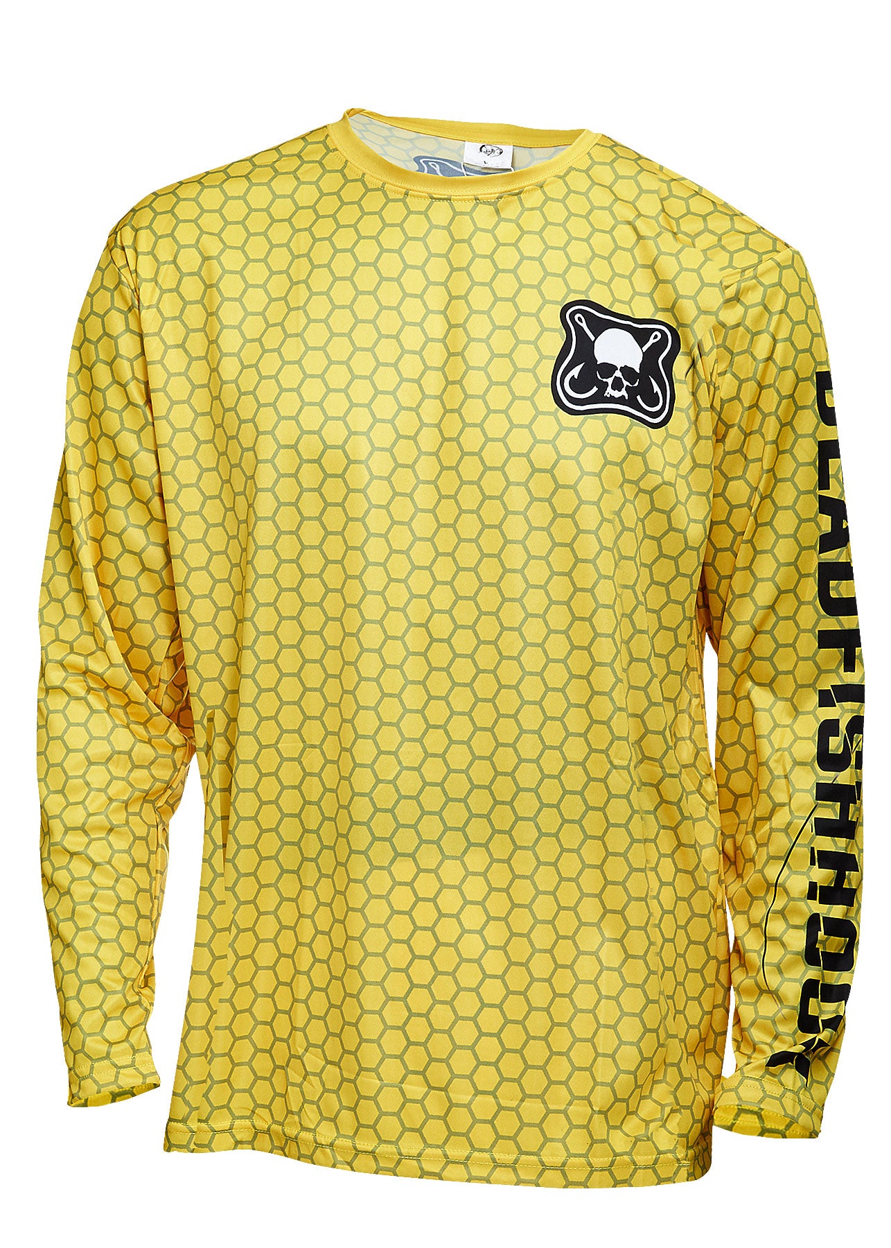 Dead Fish Hook Yellow Fish Scale Patch Logo Long Sleeve performance fishing shirt front