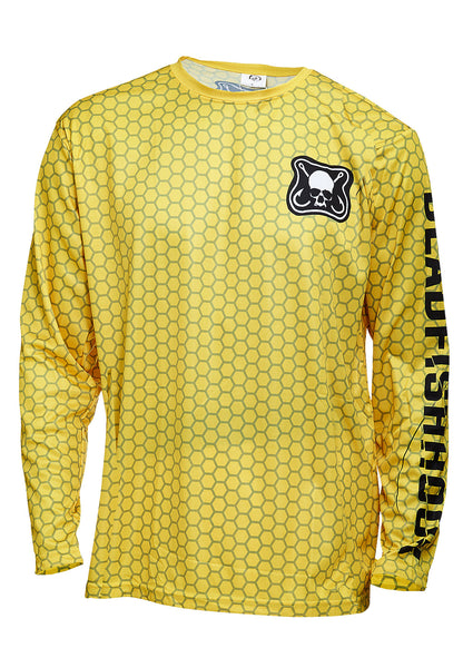 Dead Fish Hook Yellow Fish Scale Patch Logo Long Sleeve performance fishing shirt front