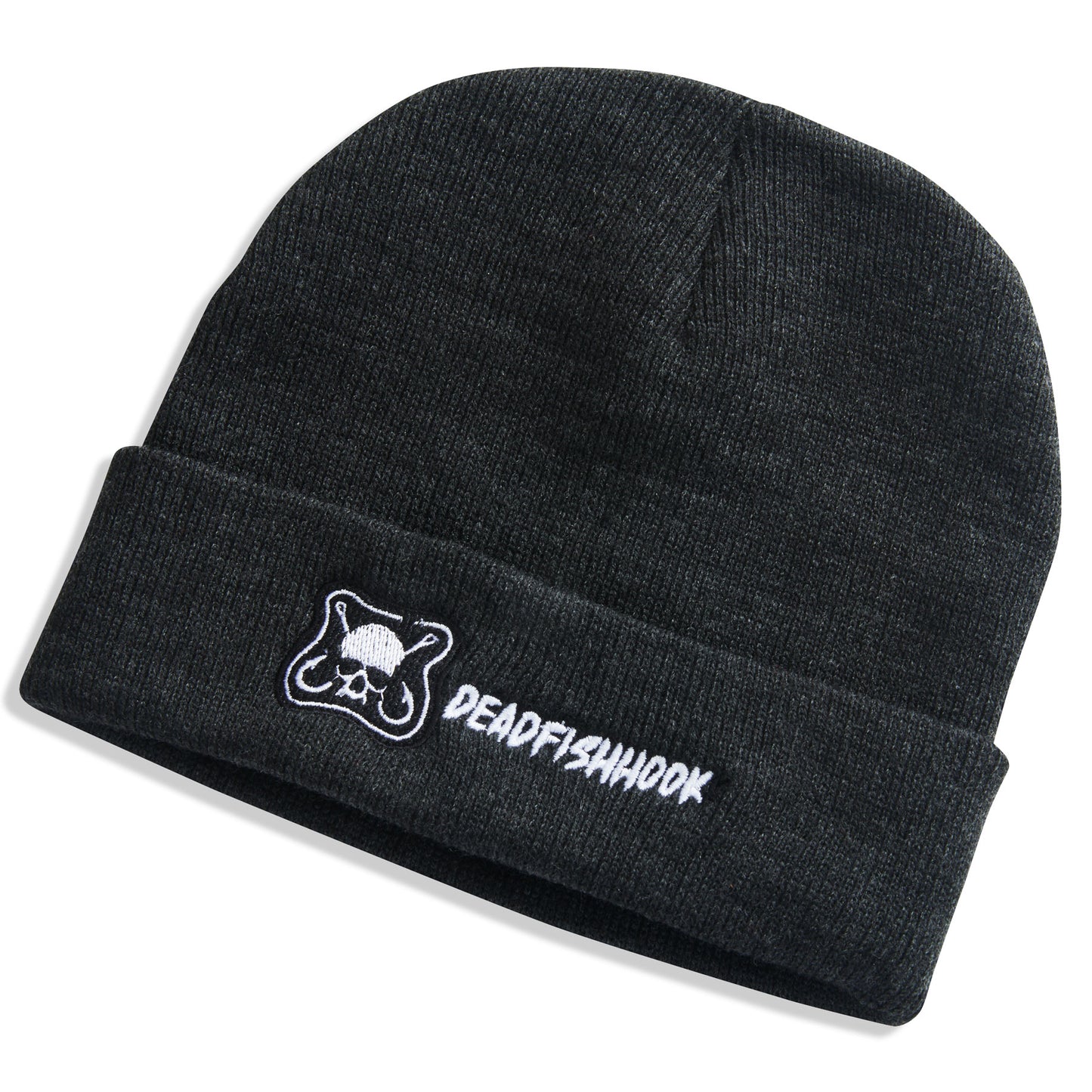 Dead Fish Hook black night beanie with white lettering and embroidery 