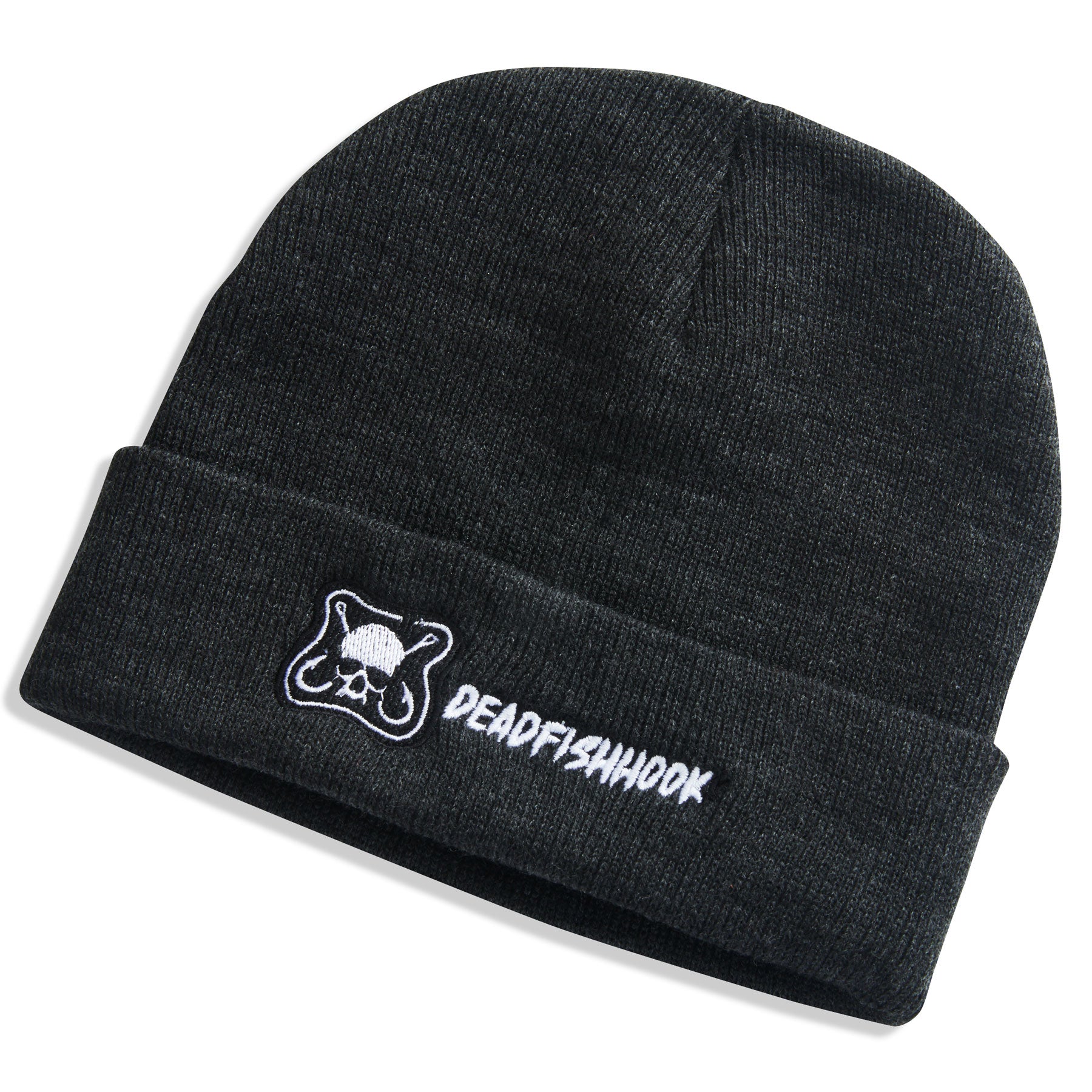 Dead Fish Hook black night beanie with white lettering and embroidery 