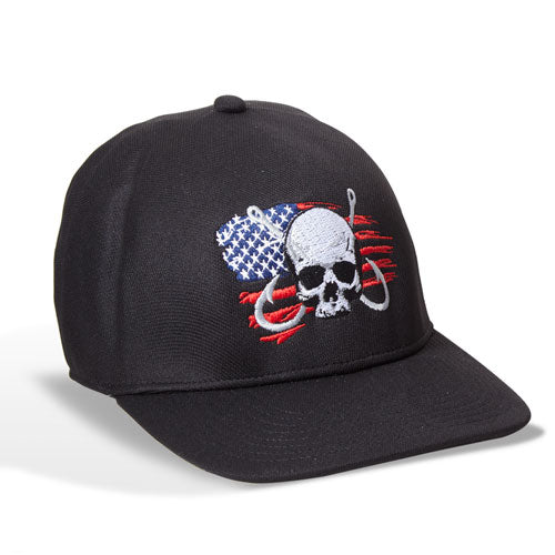 black cap with embroidered Dead Fish Hook logo over red white and blue american flag on center front 