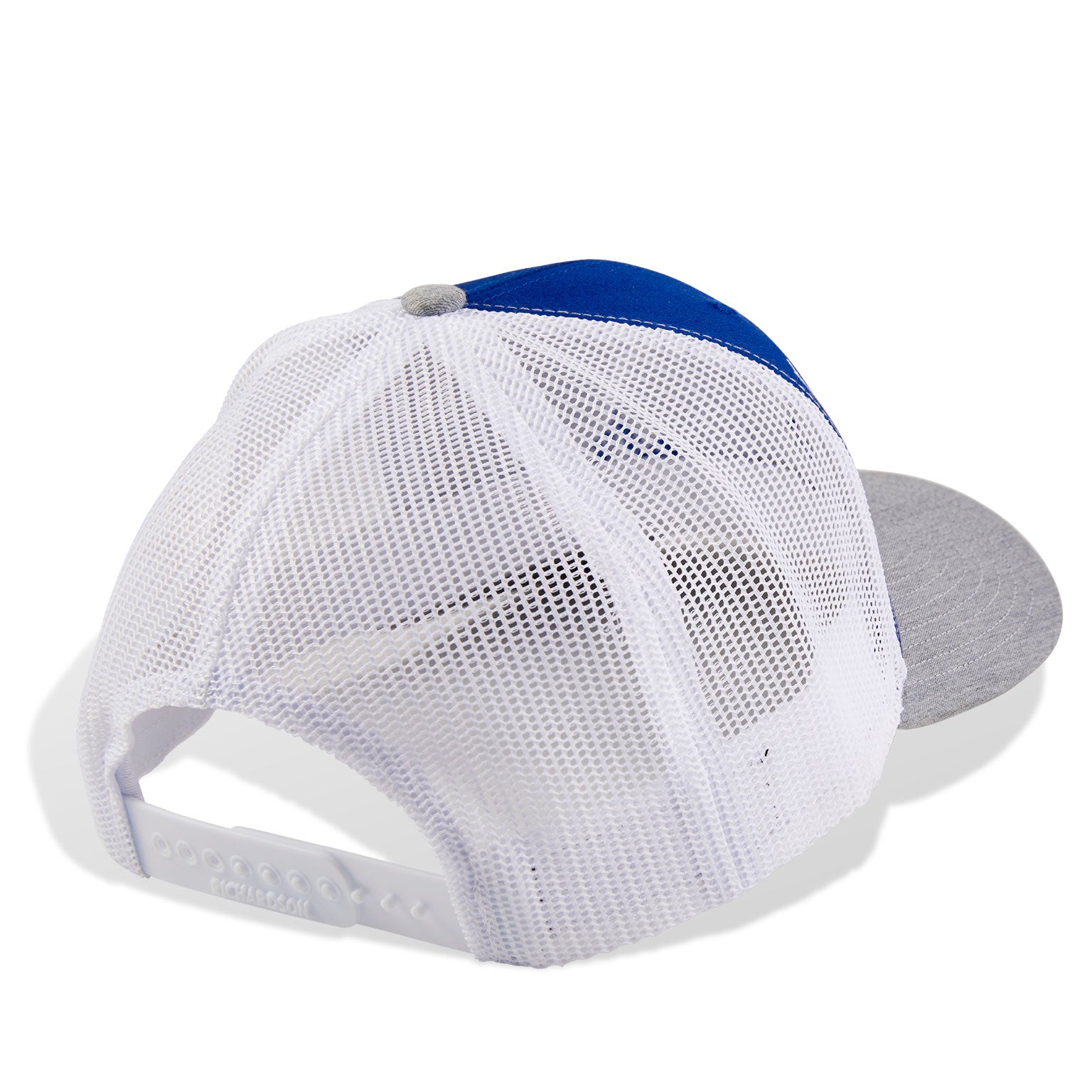 Dead Fish Hook blue and grey fish bone trucker hat with white details back view