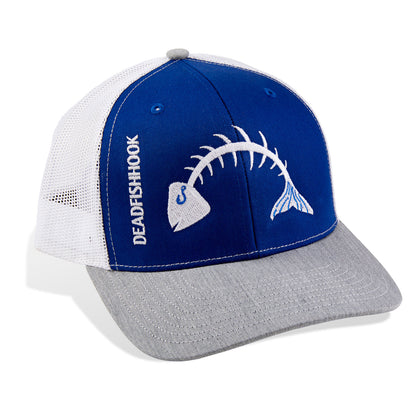 Dead Fish Hook blue and grey fish bone trucker hat with white details front view