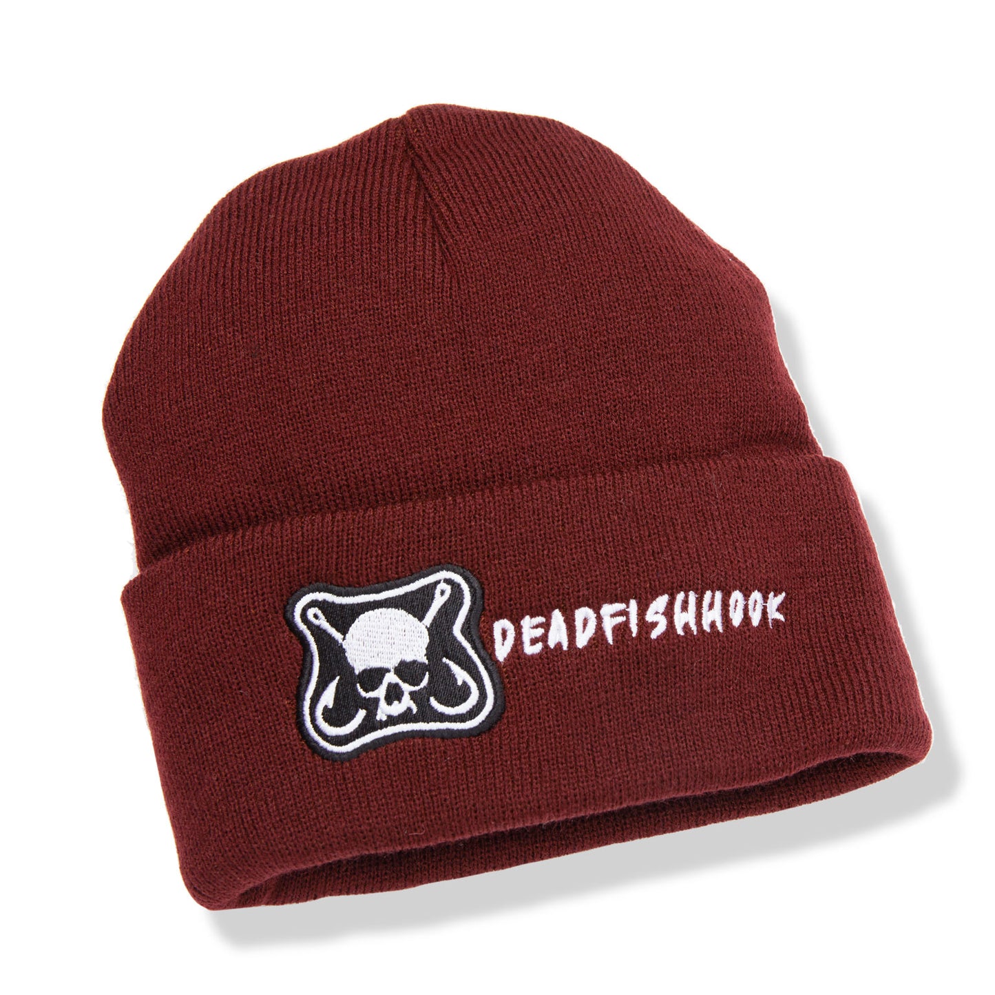 Dead Fish Hook burgundy knit beanie with black logo embroidery 
