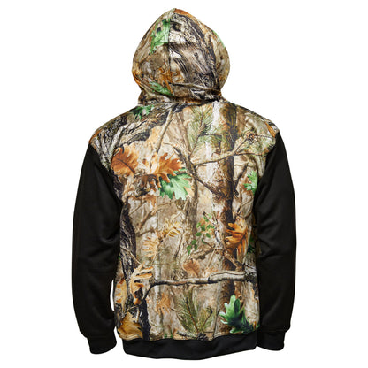 Dead Fish Hook camo leaves and black long sleeve performance hoodie sweater back view 