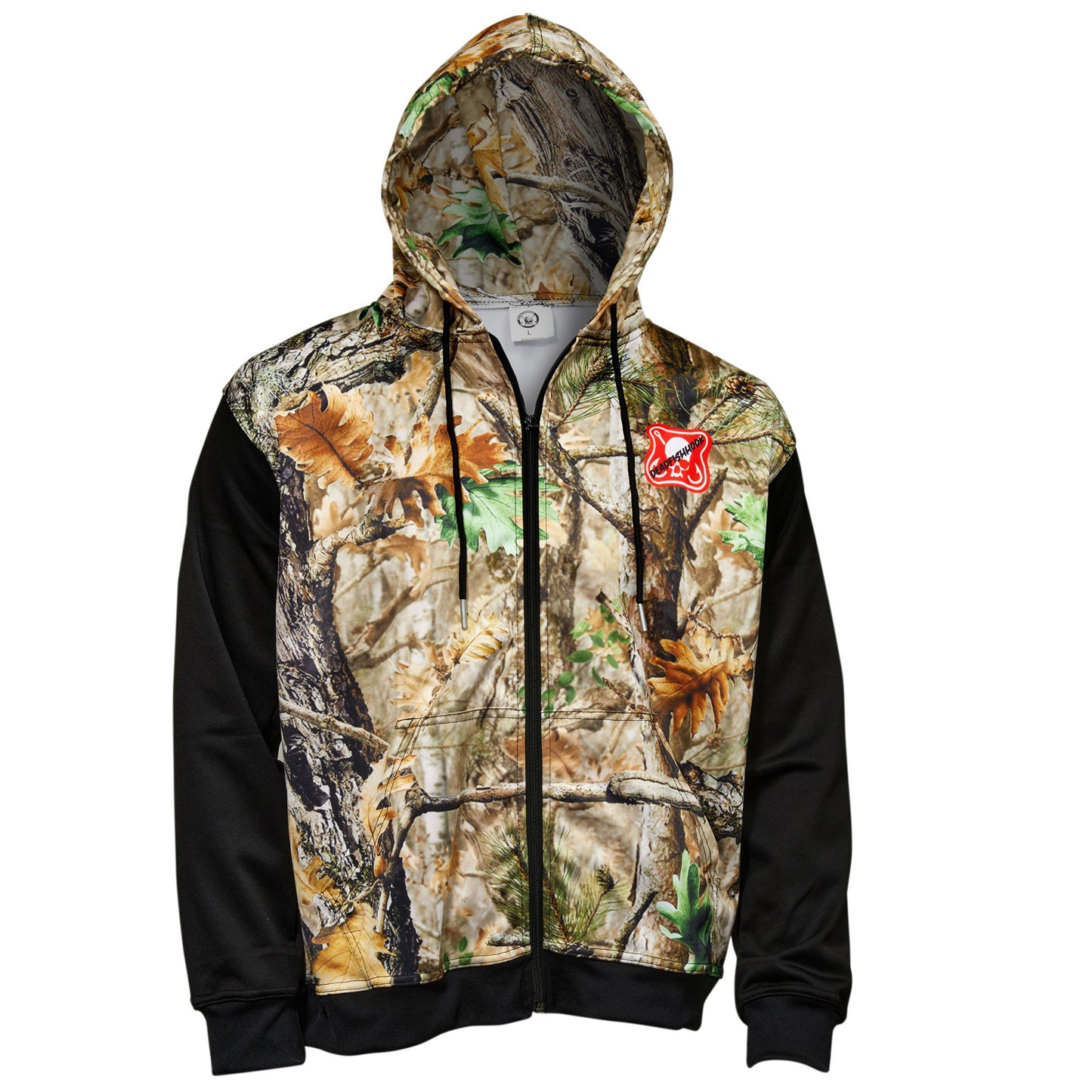 Dead Fish Hook camo leaves and black zipper front long sleeve performance hoodie sweater with front pockets  front