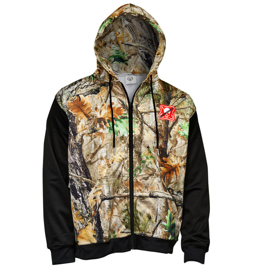 Dead Fish Hook camo leaves and black zipper front long sleeve performance hoodie sweater with front pockets  front