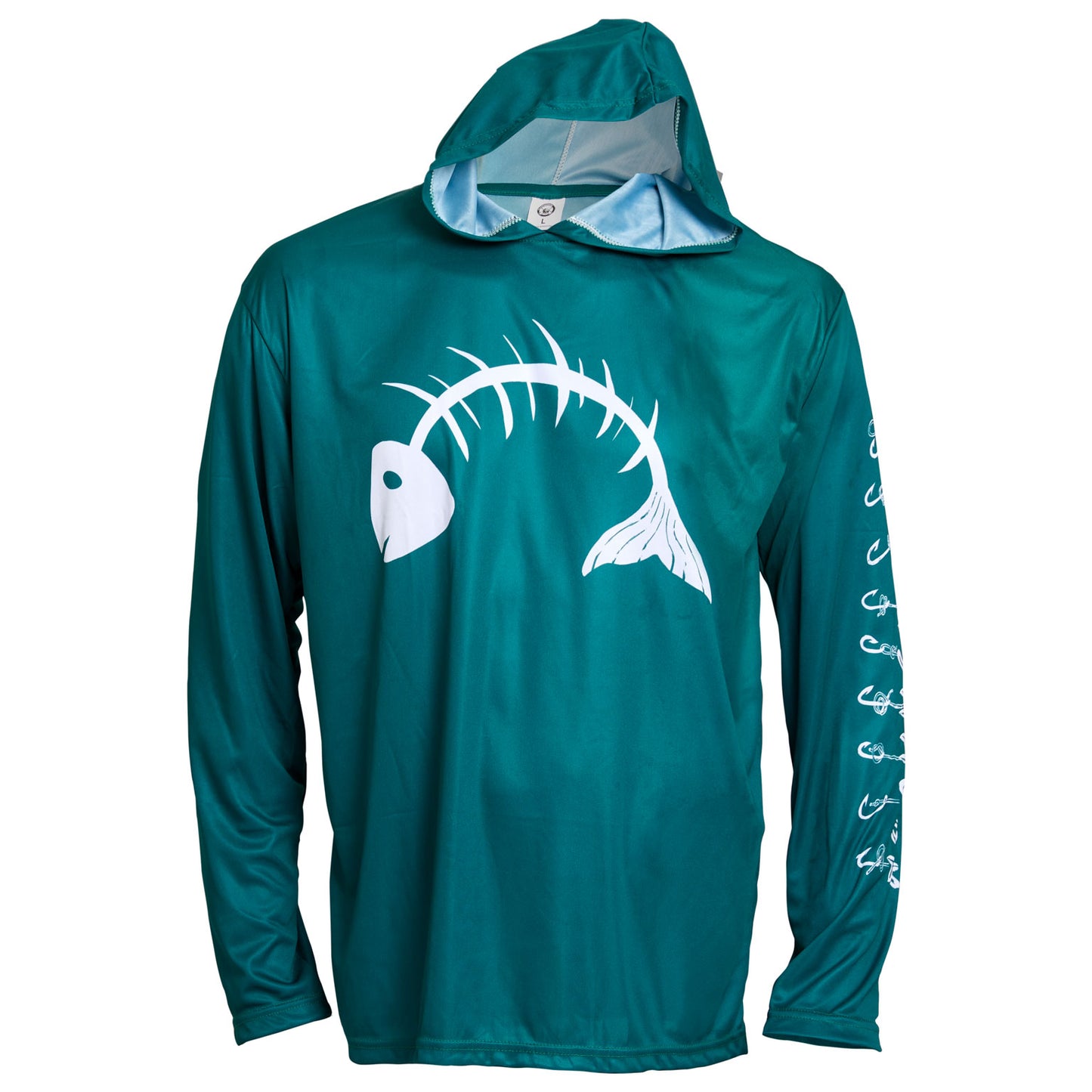 Dead Fish Hook green and white fish bone long sleeve performance fishing hoodie - front view
