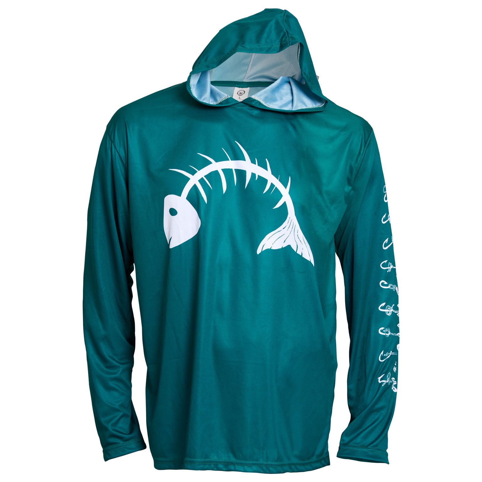 Dead Fish Hook green and white fish bone long sleeve performance fishing hoodie - front view
