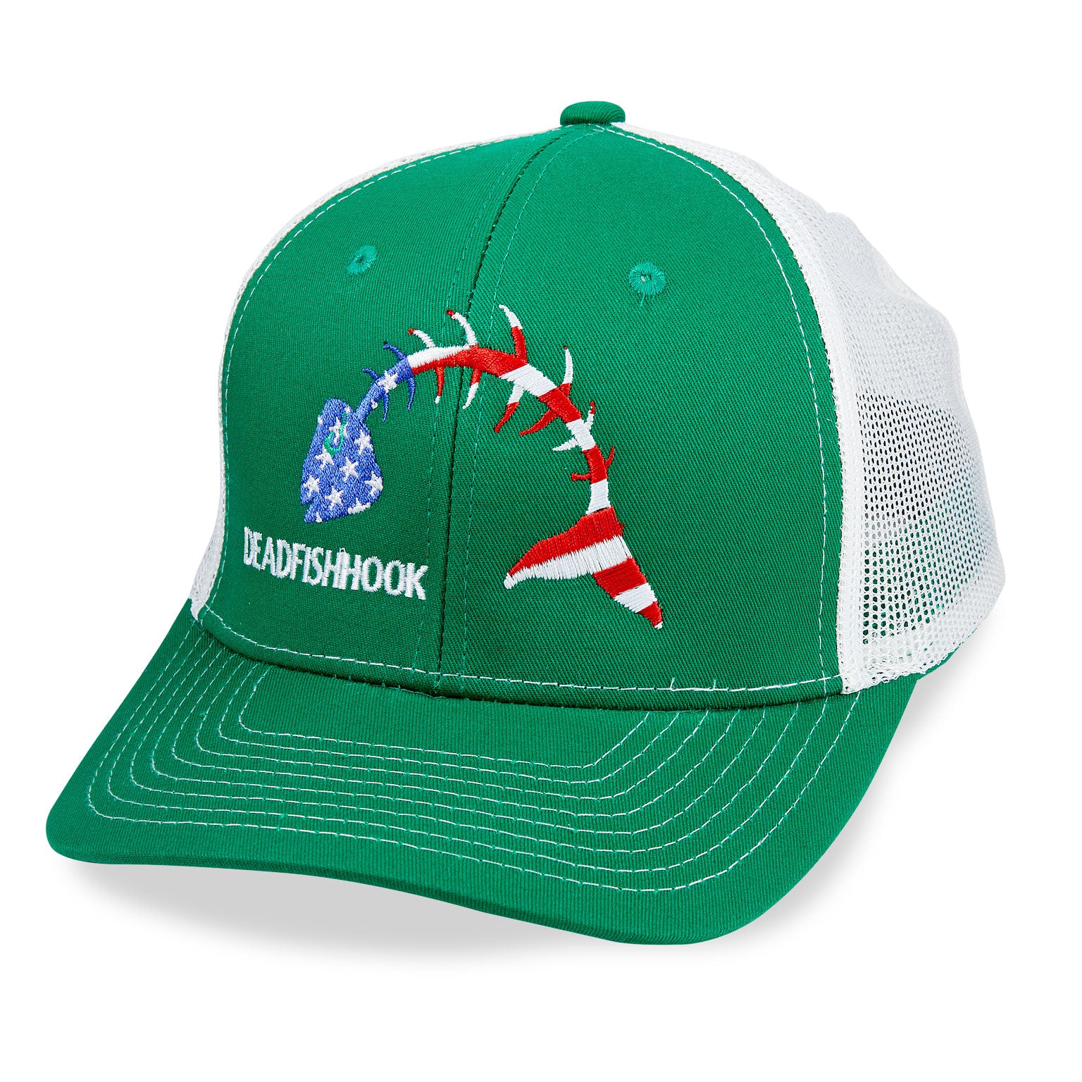 Dead Fish Hook green patriotic USA flag fish bone trucker hat with white details 