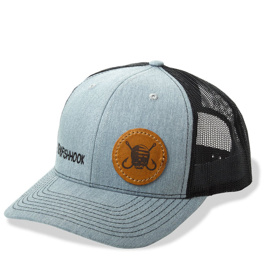 Dead Fish Hook jean front and leather patch truckers hat front view