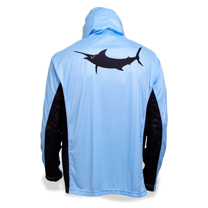 Dead Fish Hook light blue long sleeve performance fishing hoodie with marlin print on center back- back view with fish bone logo 