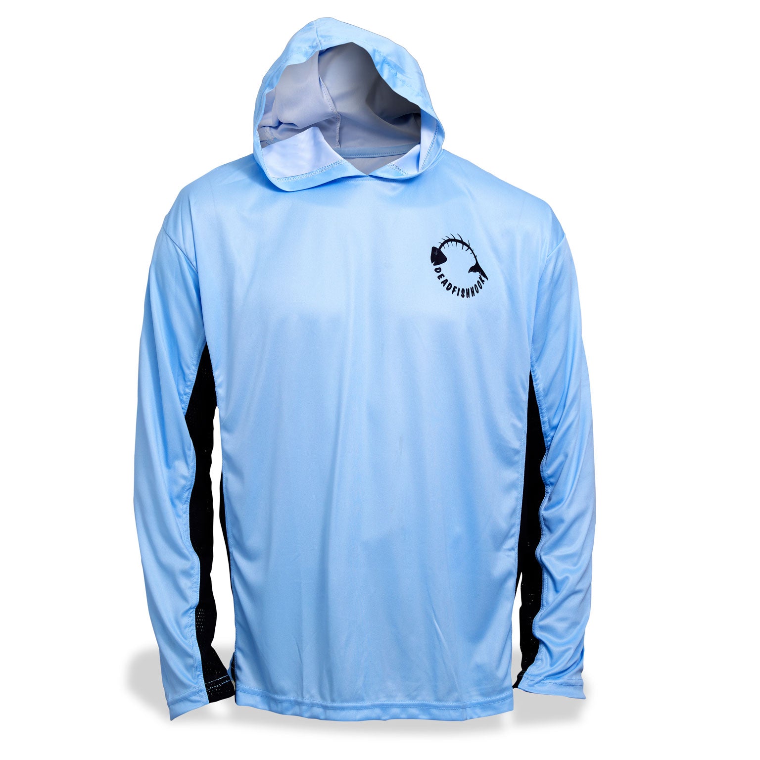 Dead Fish Hook light blue long sleeve performance fishing hoodie - front view with fish bone logo 
