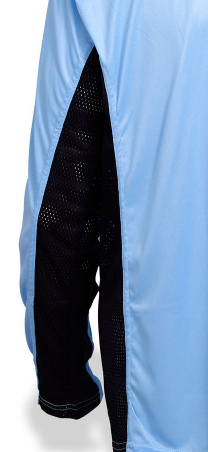 Dead Fish Hook light blue and black long sleeve performance fishing hoodie - side sleeve view