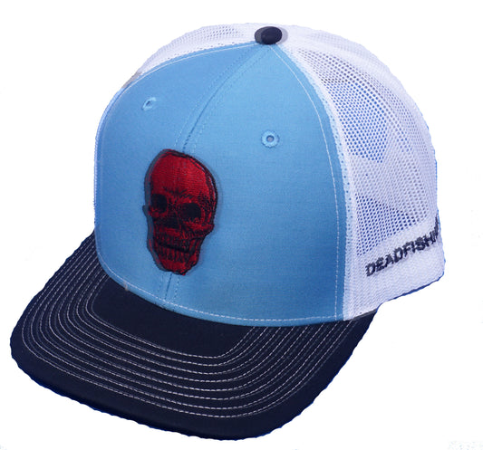 Dead Fish Hook light blue and navy with center front red skull black thread outline truckers hat front view 