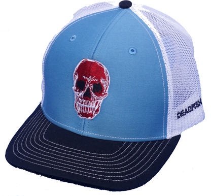 Dead Fish Hook light blue and navy with center front red skull truckers hat front view 