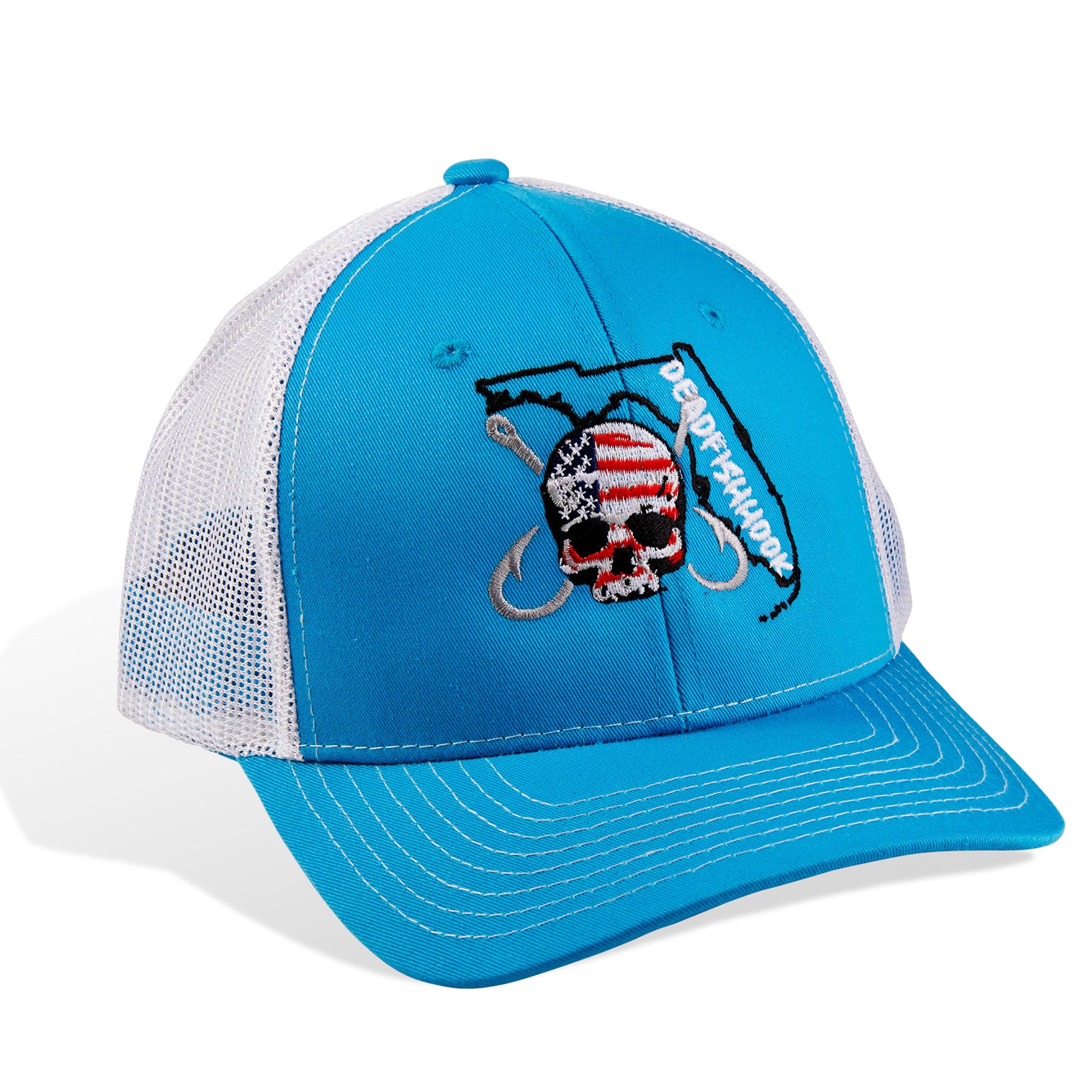 Dead Fish Hook light blue patriotic logo Florida trucker hat with white details front view