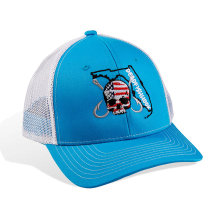 Dead Fish Hook light blue patriotic logo Florida trucker hat with white details front view