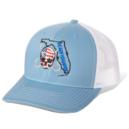 Dead Fish Hook light blue patriotic skull and hooks florida outline trucker hat front view