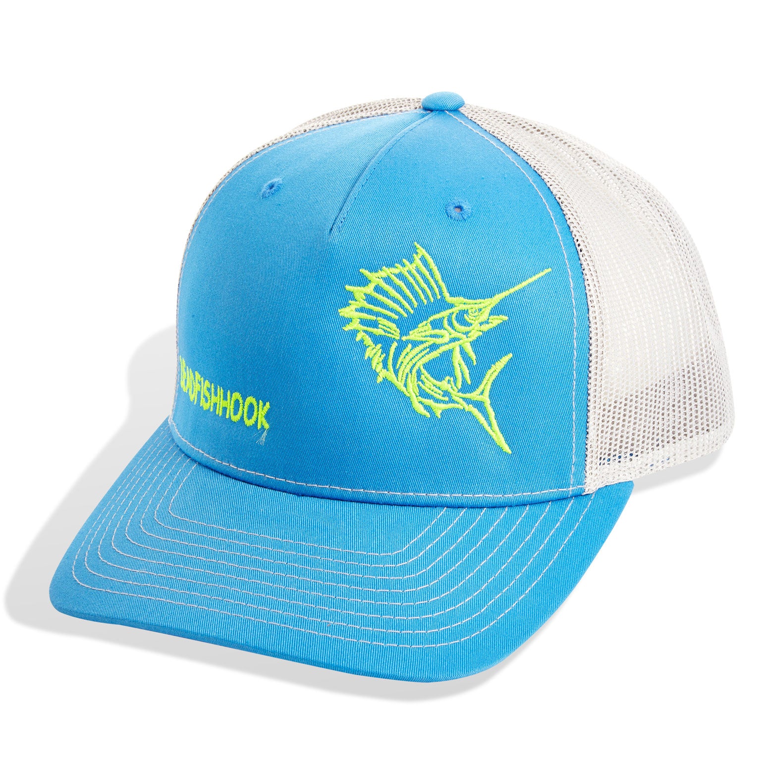 Dead Fish Hook light blue and white sailfish trucker hat with lime green details front
