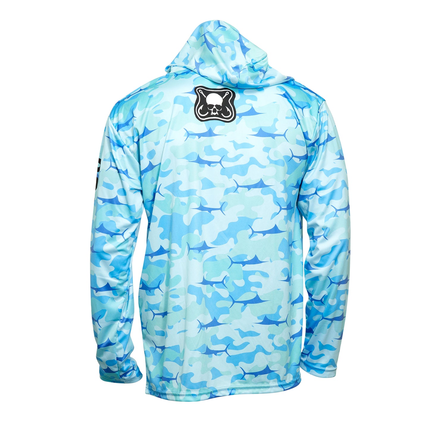 Dead Fish Hook long sleeve performance fishing hoodie shark print and brand logo center top back
