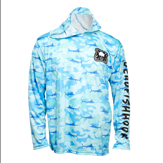 Dead Fish Hook long sleeve performance fishing hoodie shark print and brand logo  front
