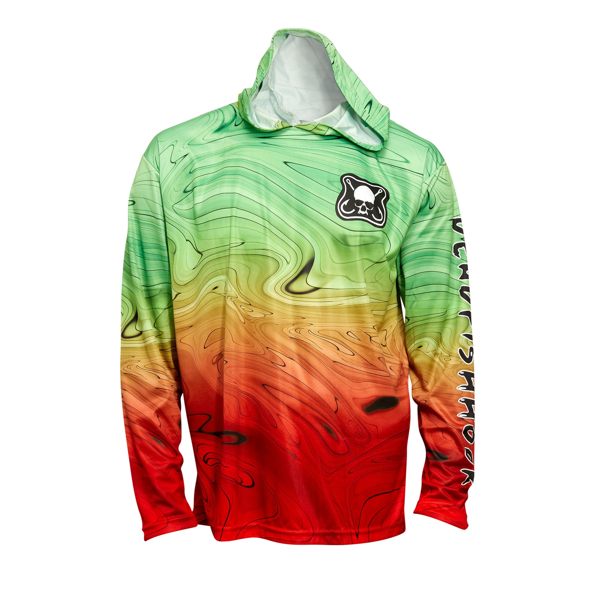 Dead Fish Hook long sleeve performance fishing hoodie green red yellow swirl print front