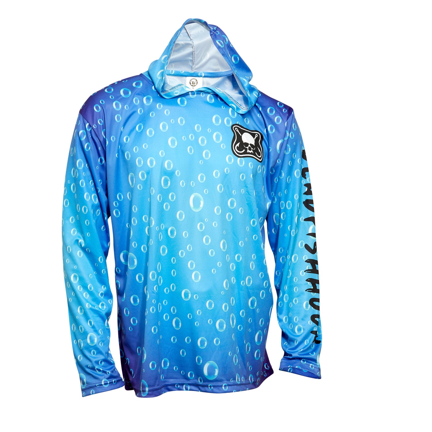 Dead Fish Hook blue long sleeve performance fishing hoodie water bubbles print and brand logo down sleeve side front