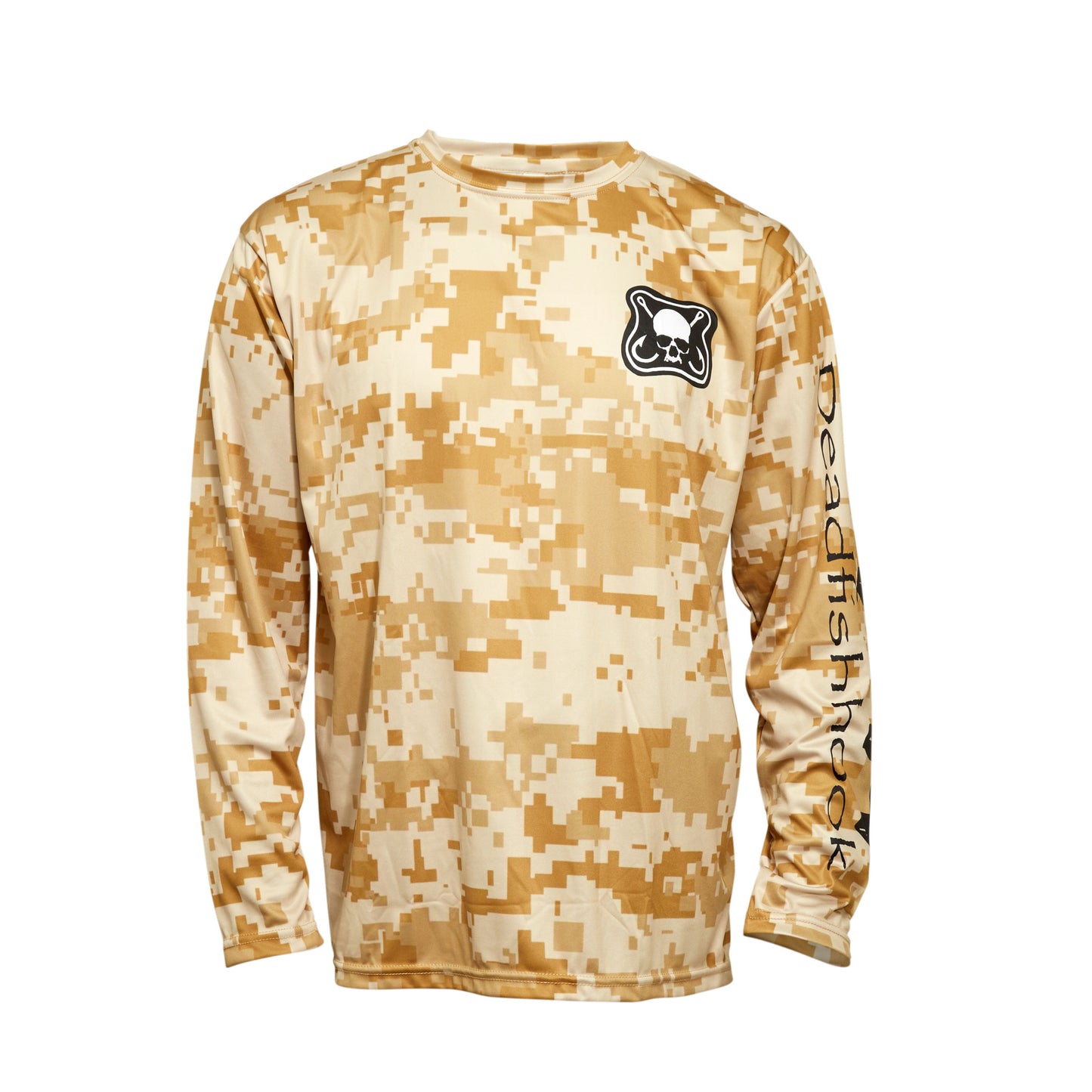 Dead Fish Hook long sleeve performance fishing shirt brown camouflage print and brand logo  front